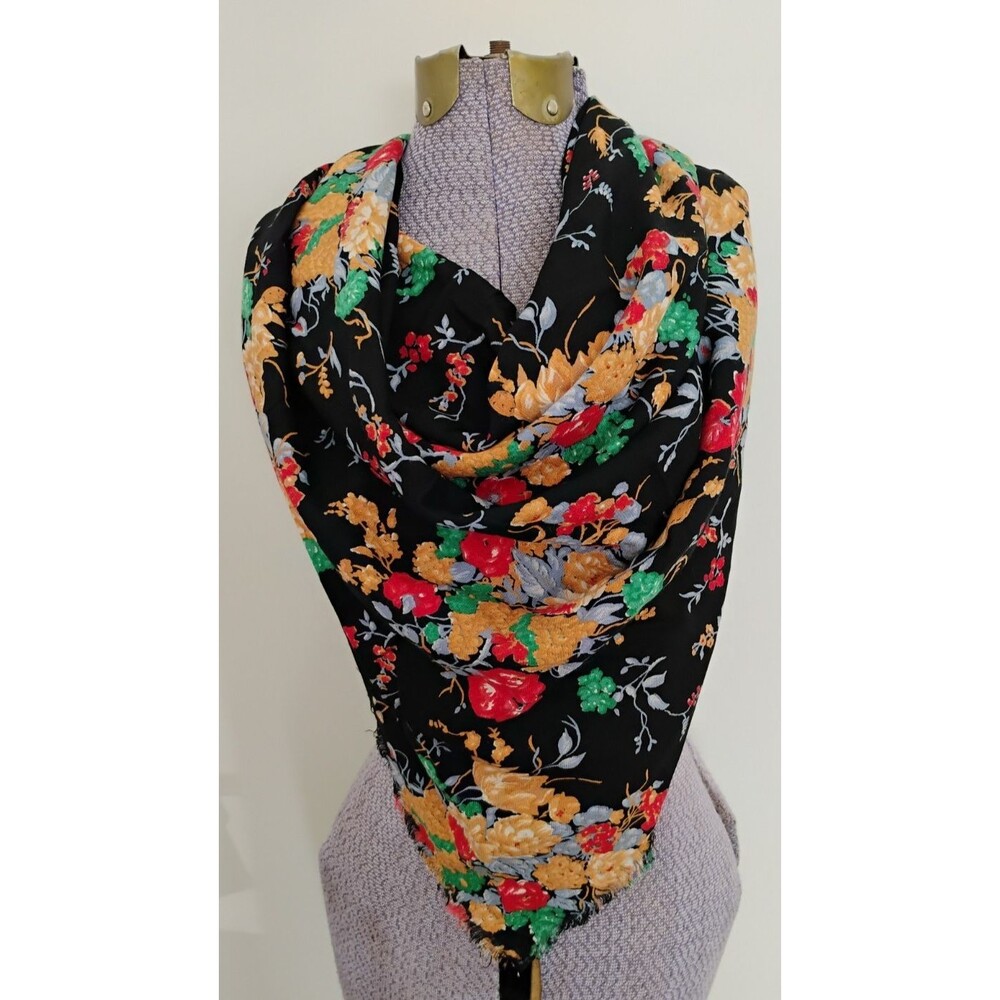 Vtg USA Made Chalis Rayon Floral Scarf Wrap Hand Fringed 41 x 41 square Boho